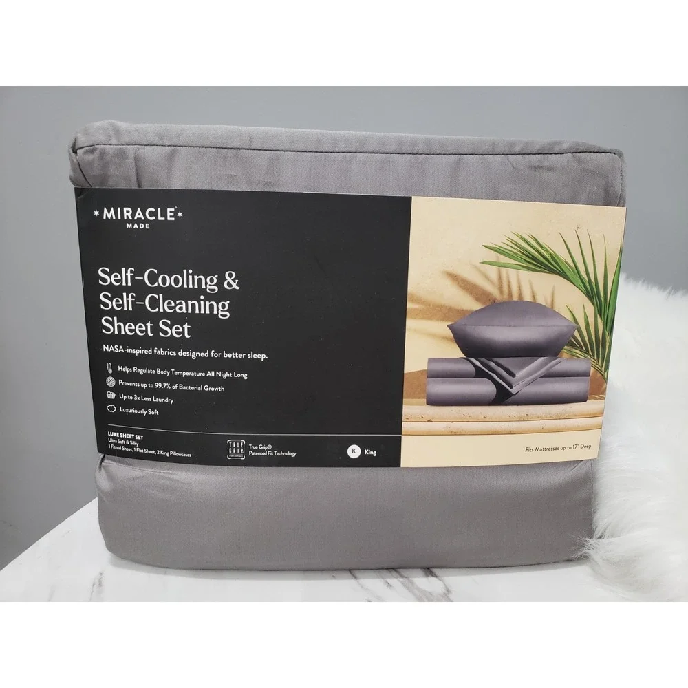 NEW Miracle Made Self-Cooling Self-Cleaning King Sheet Set Gray charcoal solid